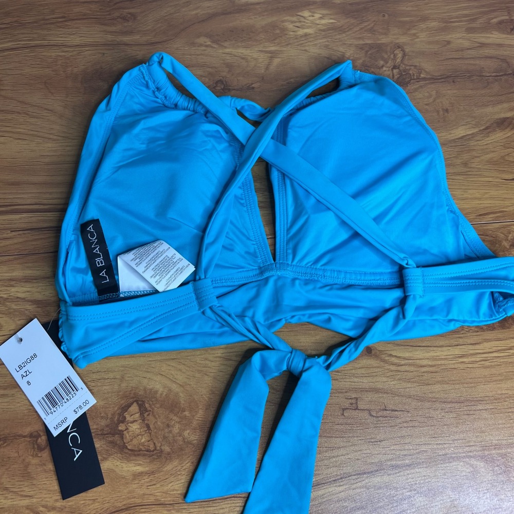 La Blanca Island Goddess Bikini Top 8 Blue High Neck Halter Ruched LB2IG88 NWT - Picture 5 of 6